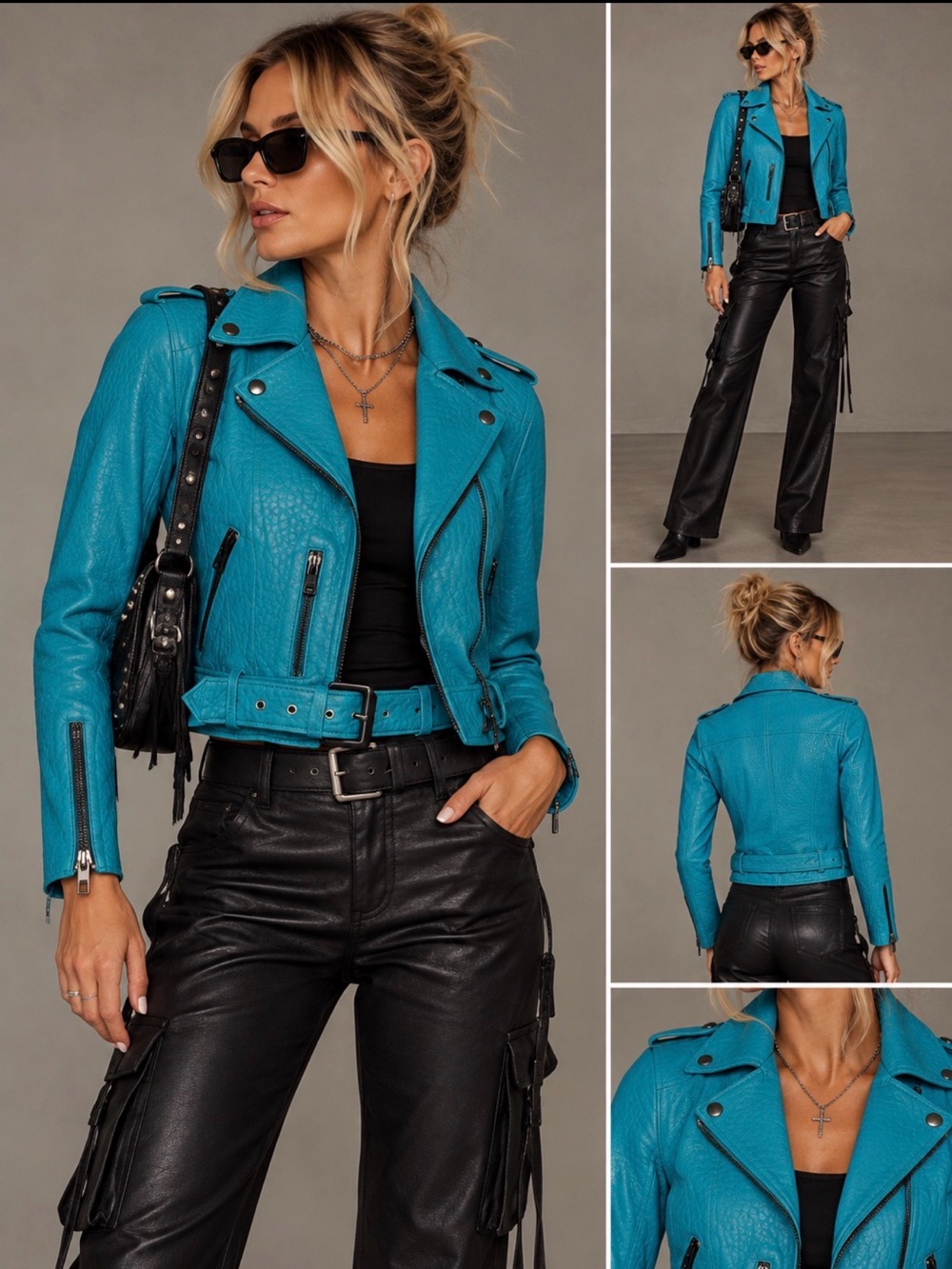 All Saints Teal Leather Biker Jacket with Belt
